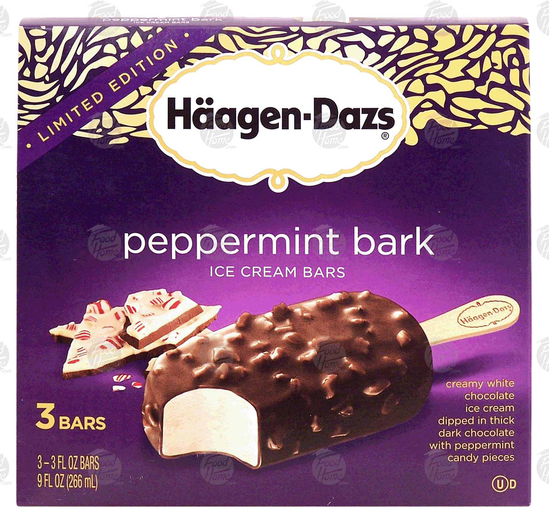 Haagen-Dazs  peppermint bark; white chocolate ice cream dipped in thick dark chocolate w/peppermint pieces, 3 bar Full-Size Picture